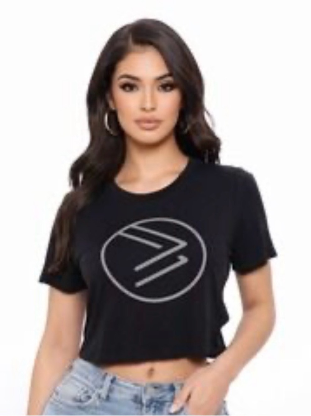 Black Graphic Crop Tee with Minimal Logo - Women